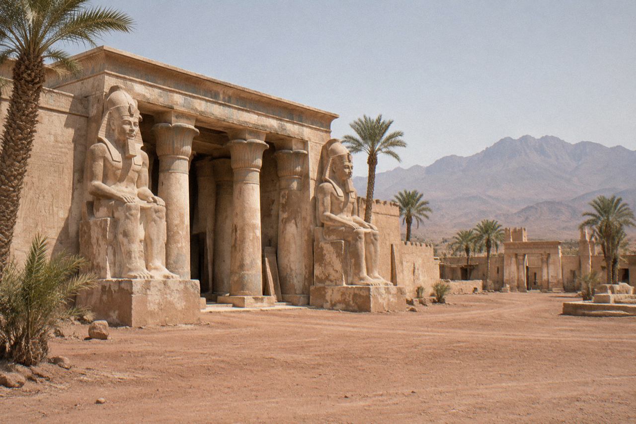 Weathered Egyptian temple film set with pharaoh statues in a desert backlot near Ouarzazate.