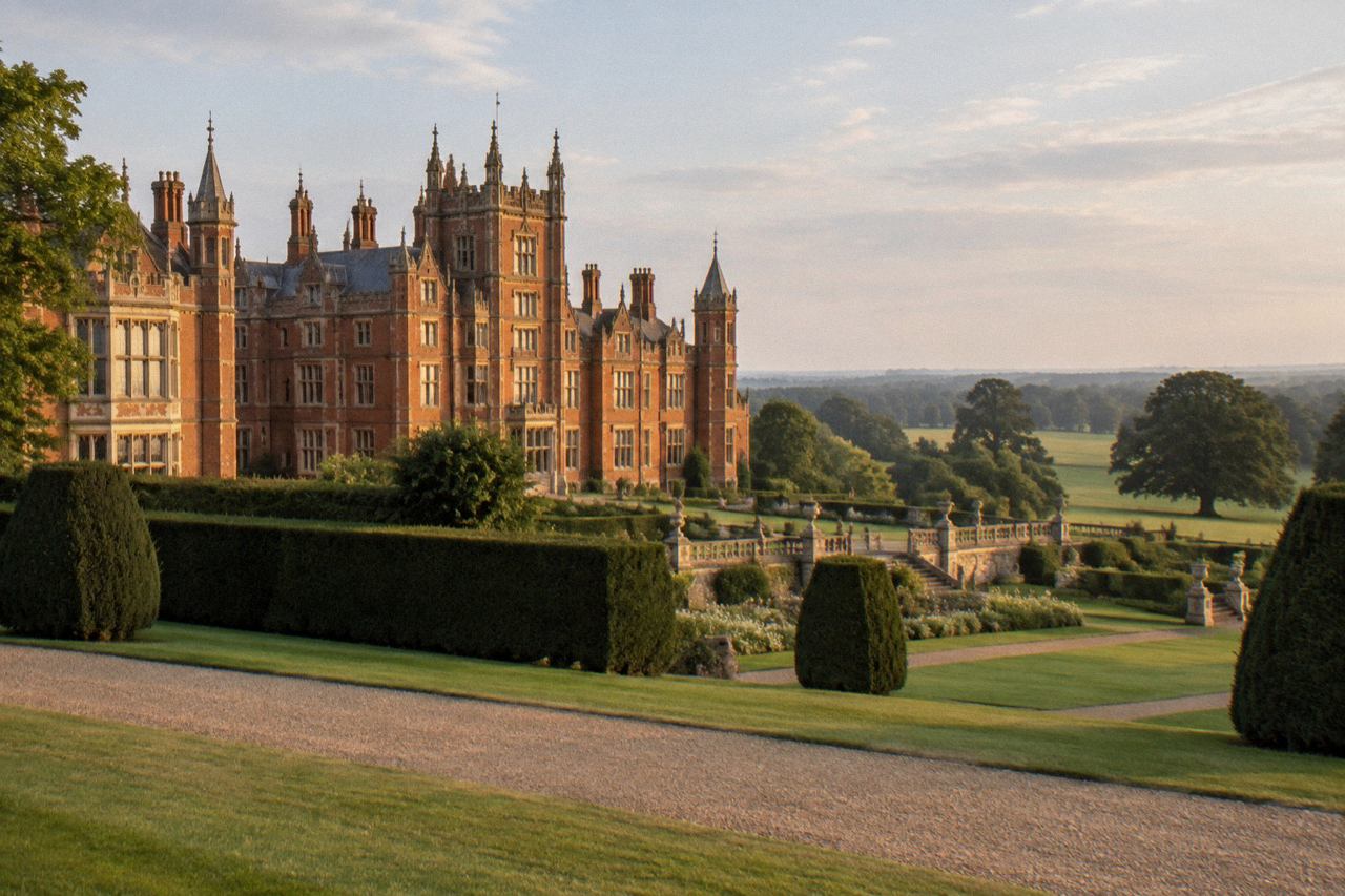 Red-brick Gothic stately home with turrets above lawns and topiary in golden light