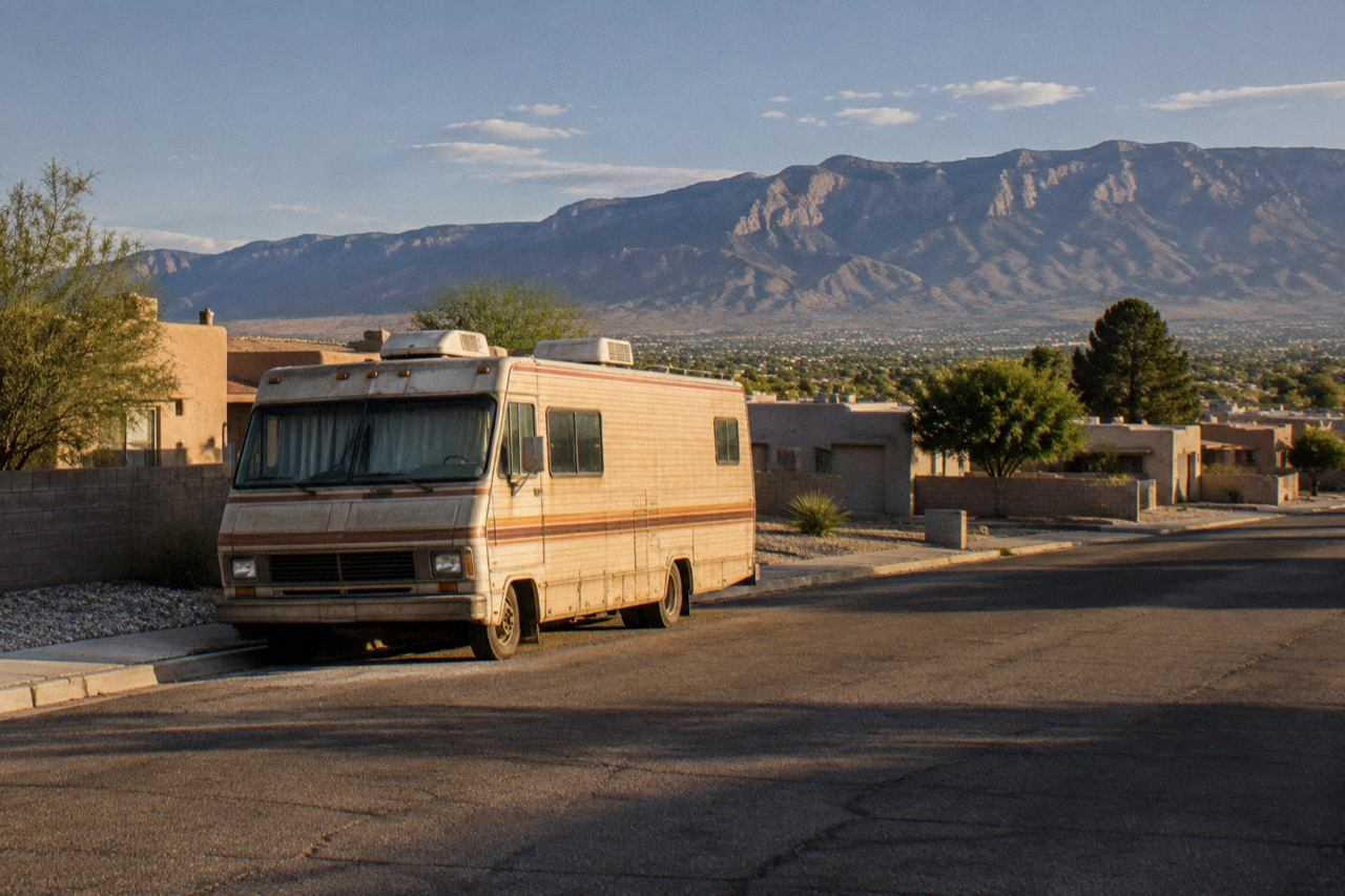 Sunlit Albuquerque street with stucco houses and a parked vintage RV under desert light.