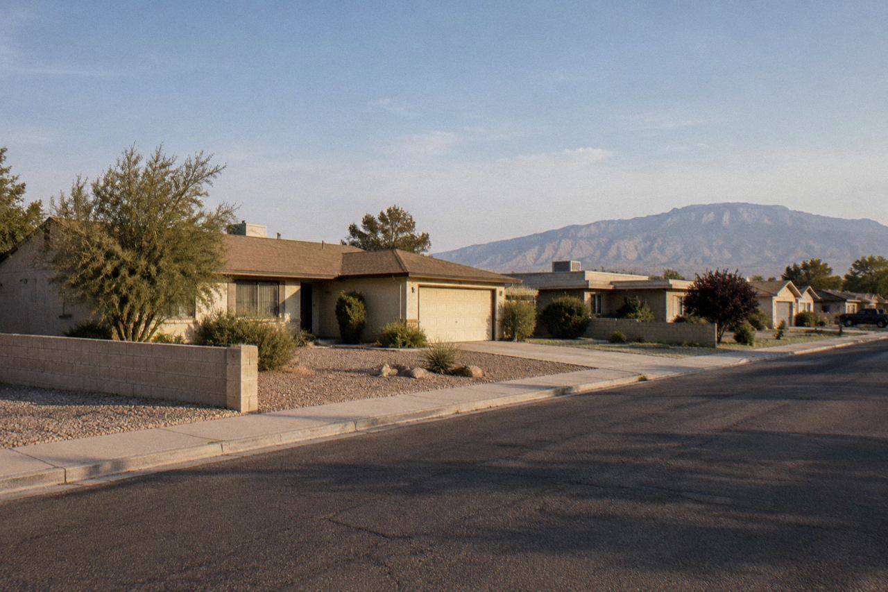 Modest stucco ranch house on a sunny Albuquerque suburban street with gravel desert yard.
