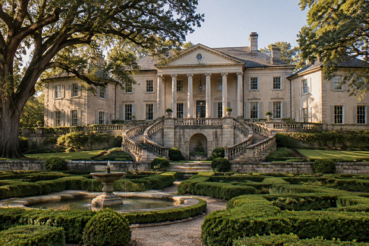 White neoclassical mansion with curved staircase above terraced boxwood gardens in golden evening light.
