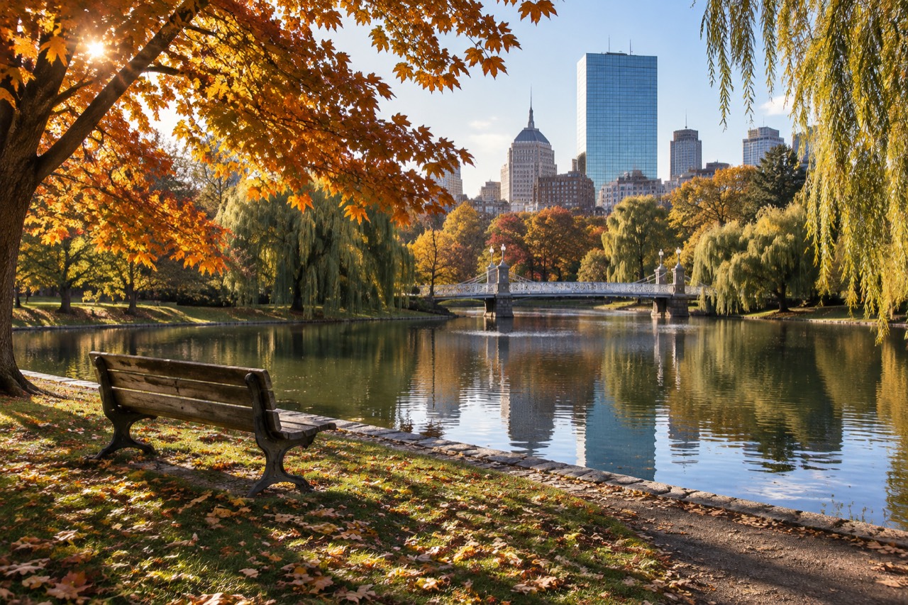 Wooden bench beside autumn pond in Boston Public Garden with white footbridge and golden foliage