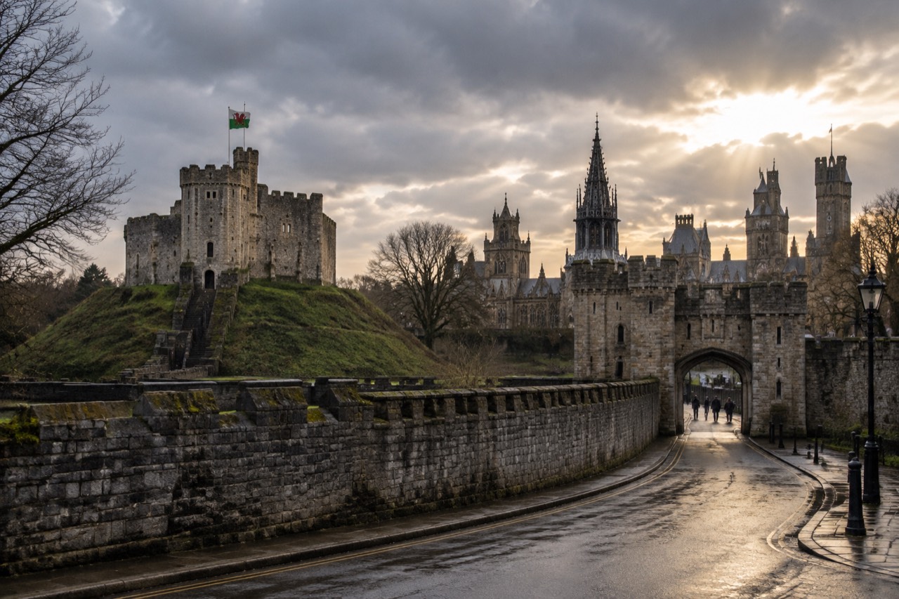 Norman keep on grassy mound above Gothic castle towers, grey stone walls, wet street, overcast sky.