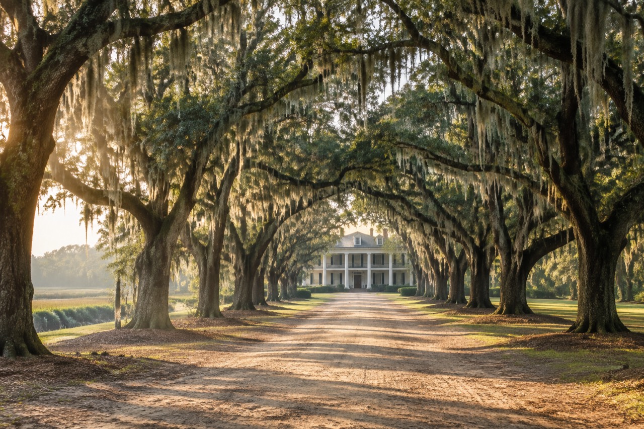 Moss-draped oak avenue leading to a white-columned plantation house at sunrise