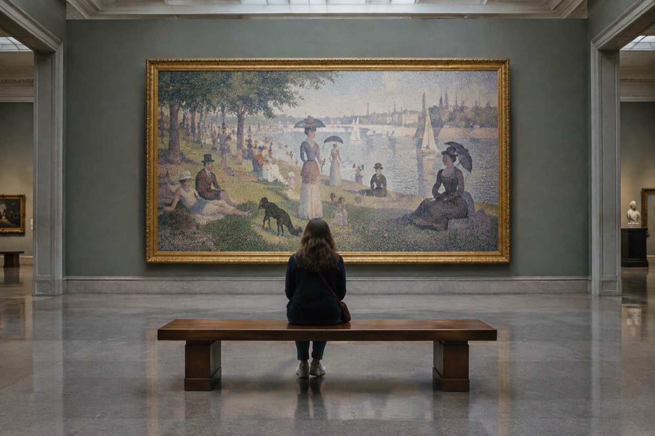 Visitor seated on a bench before a large pointillist painting in a quiet museum gallery