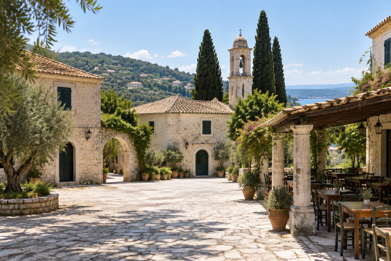 Sunlit stone square of a traditional Corfu village with bell tower and cypress trees