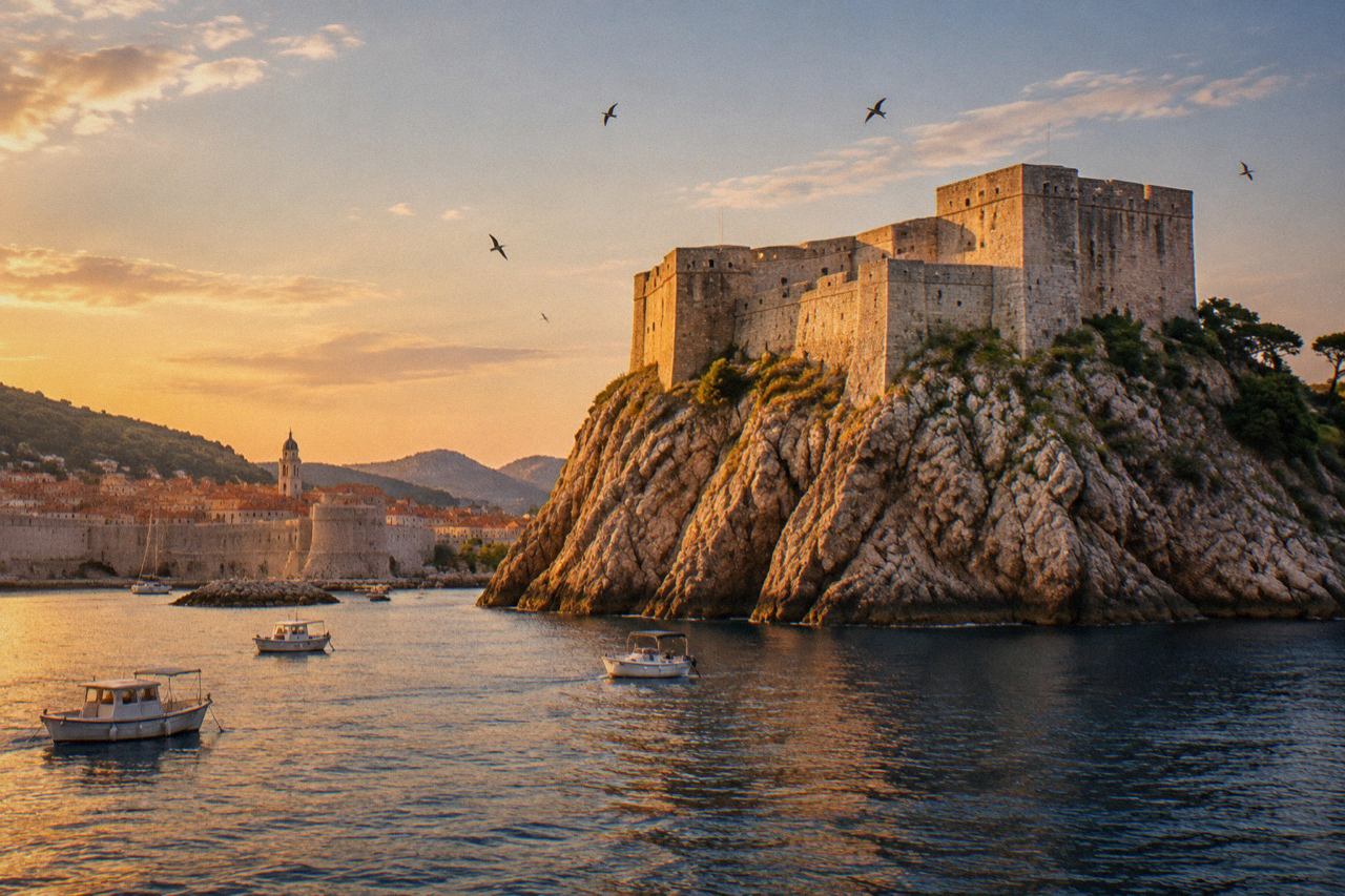 Pale stone fortress rising from a rocky cliff above the sea at sunset