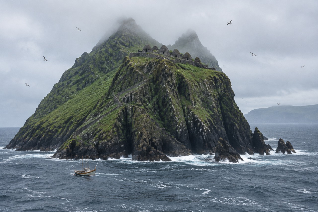 Rocky island with stone beehive huts rising from the Atlantic near County Kerry