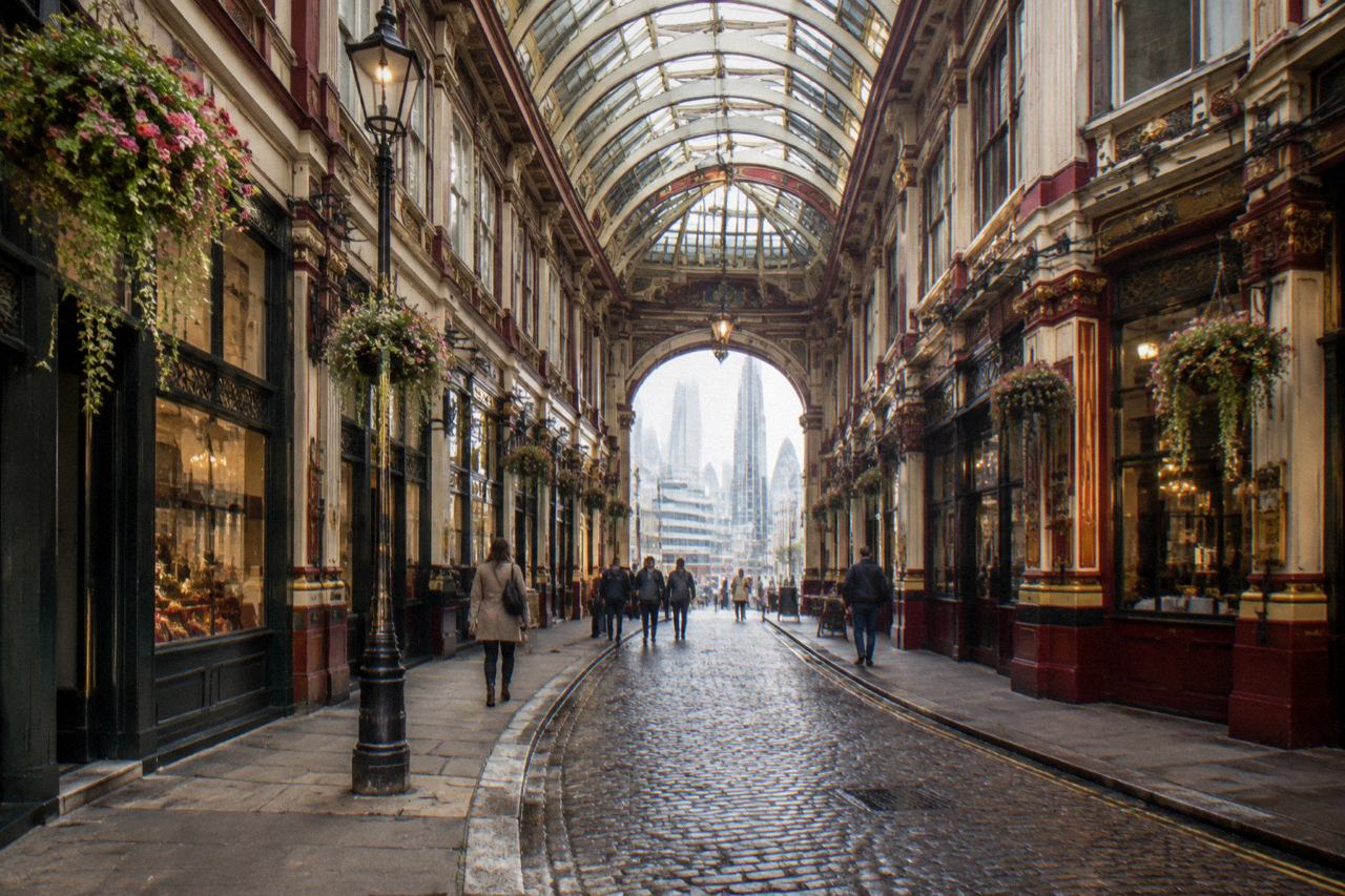 Sunlit Victorian covered market arcade with painted arches, cobbled floor and distant shoppers