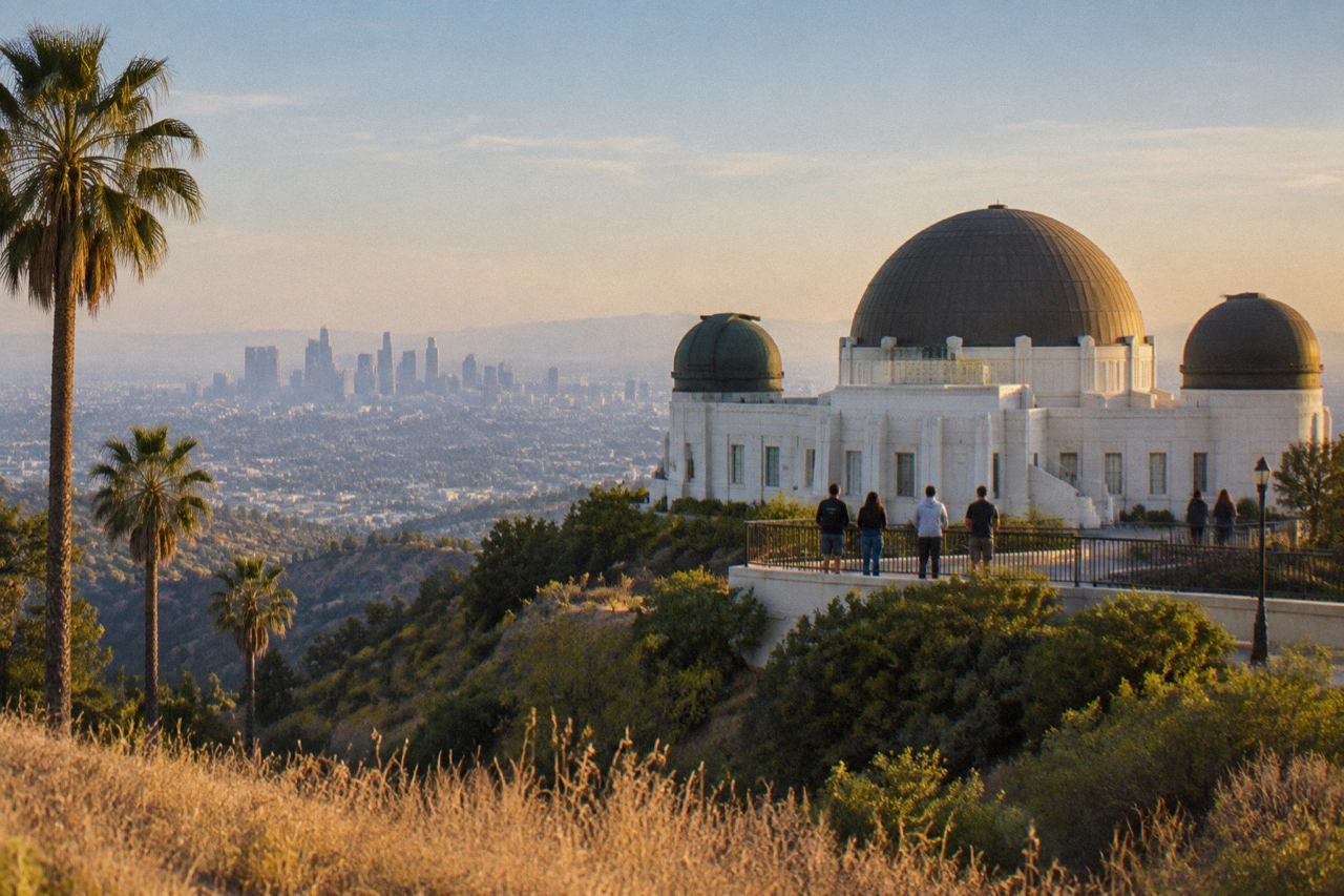 White domed observatory on a hillside above hazy Los Angeles, framed by palms at sunset.