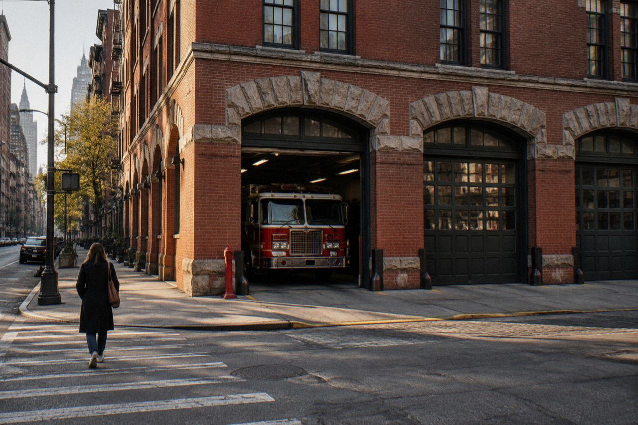 Red-brick Tribeca firehouse with arched bays and fire truck in afternoon light