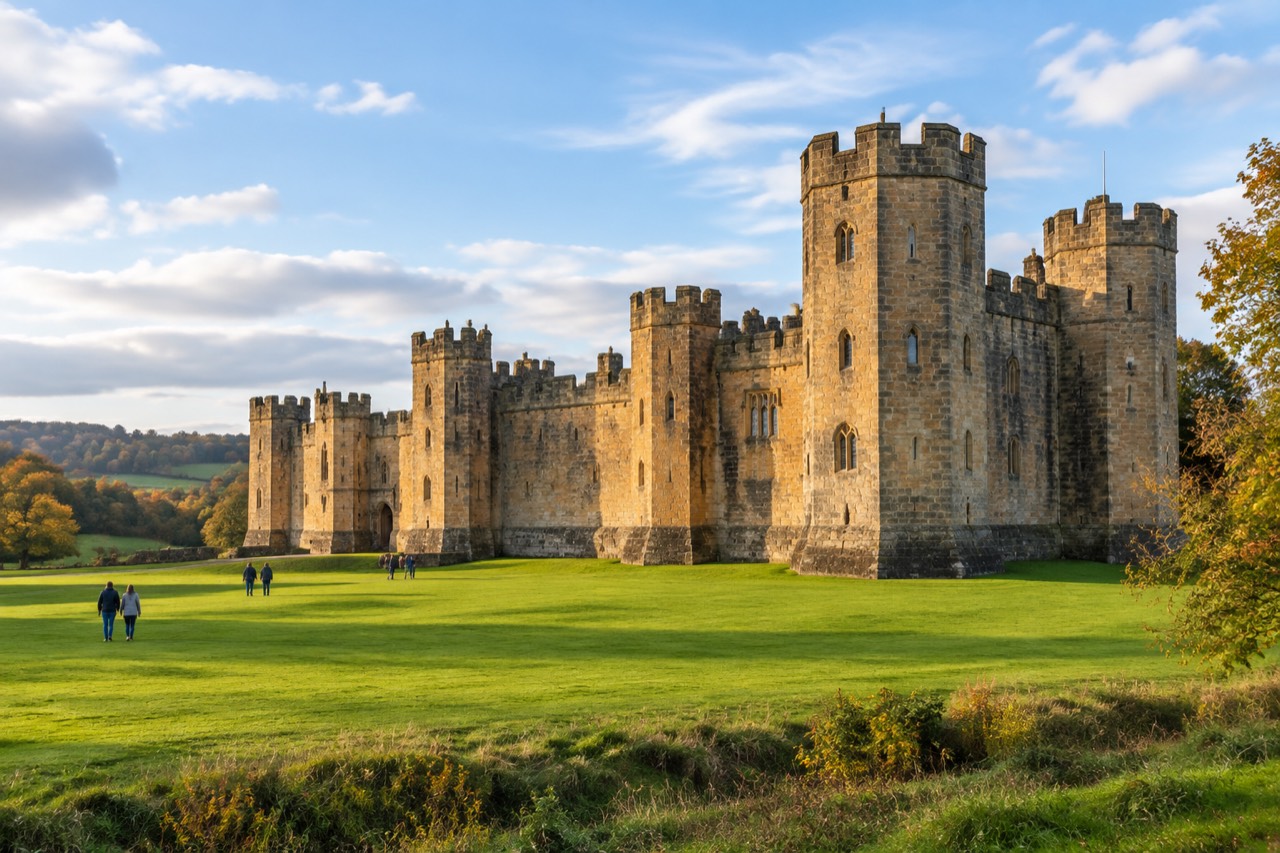 Alnwick Castle's sandstone towers and battlements above green lawns in late afternoon sunlight.