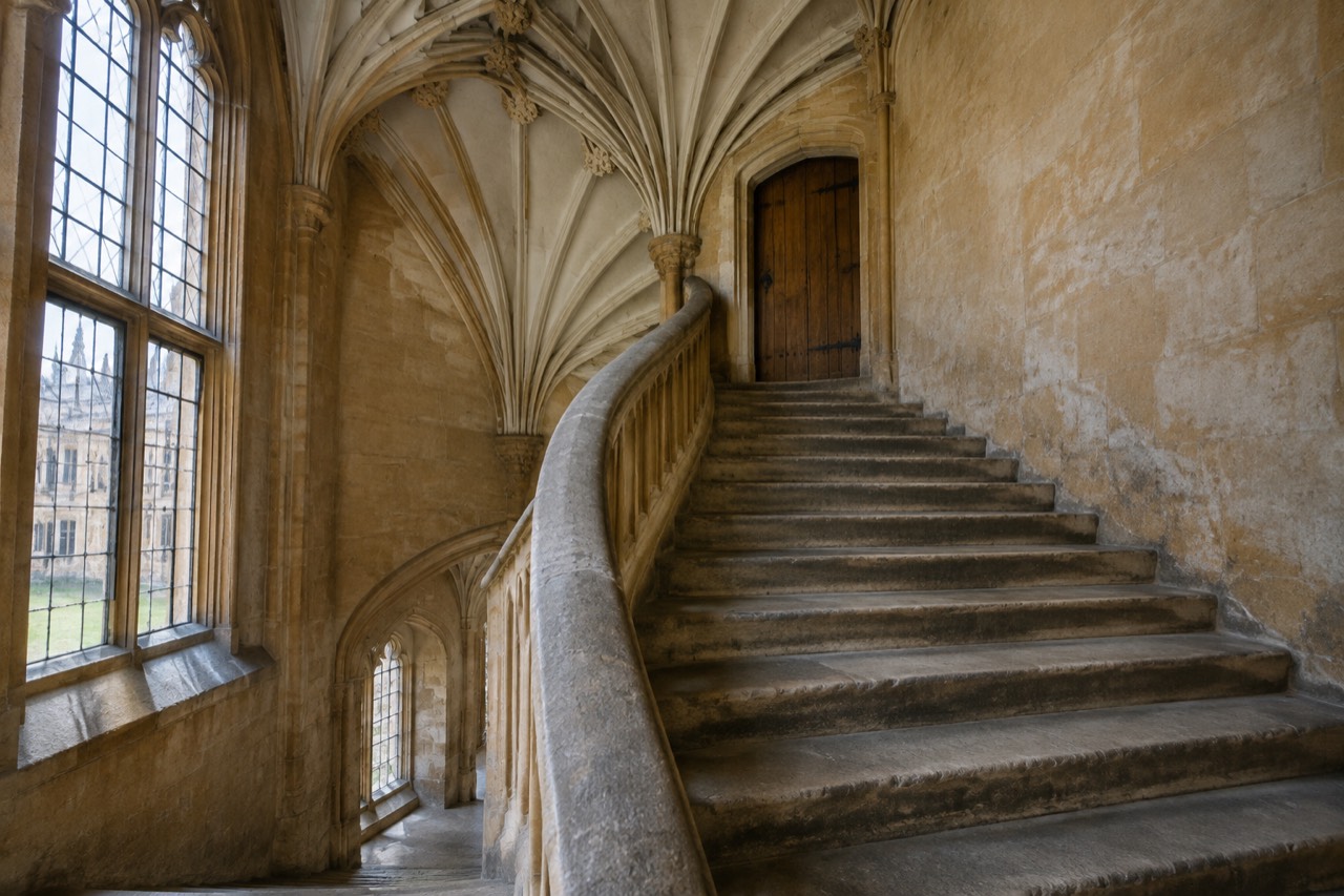 Stone spiral staircase with vaulted ceiling inside a historic Oxford college.
