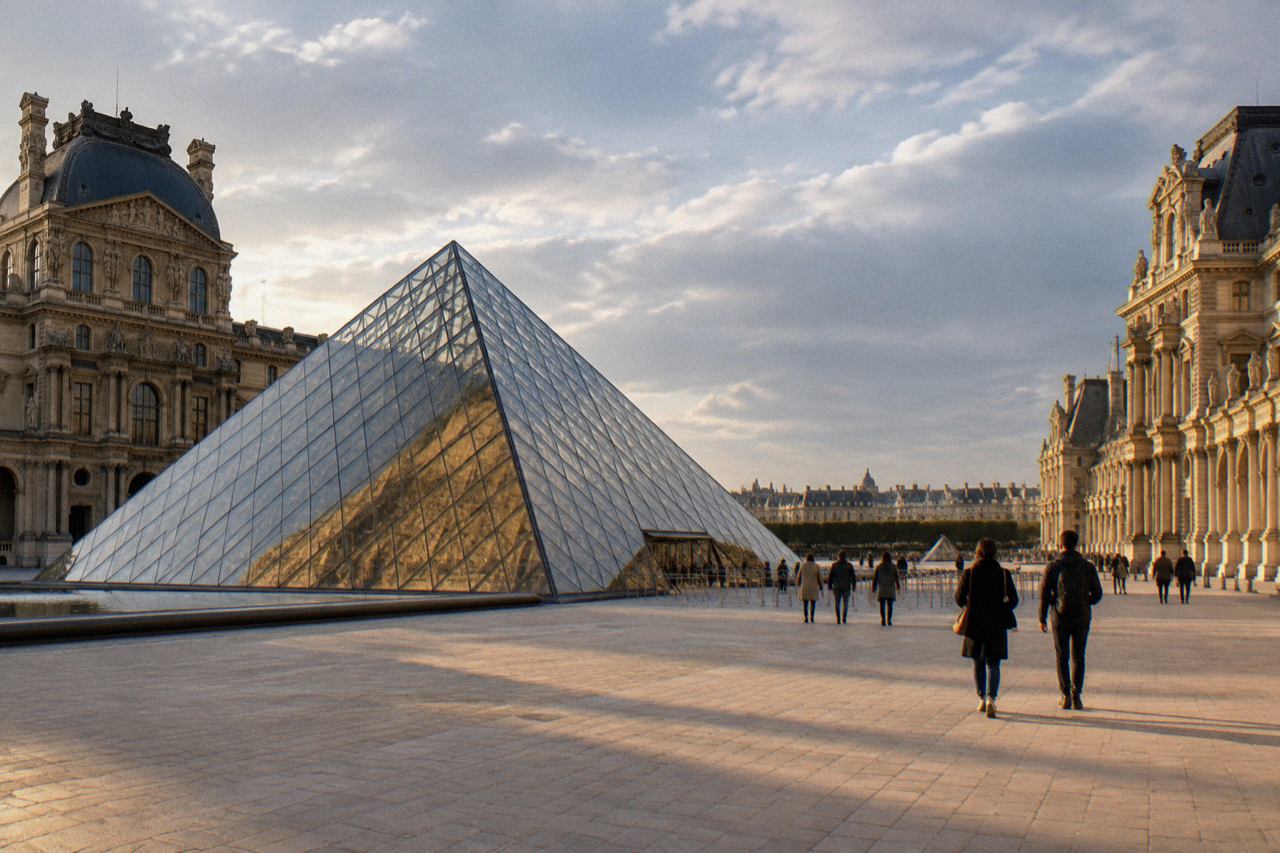 Glass pyramid reflecting ornate stone palace wings in a sunlit Paris courtyard