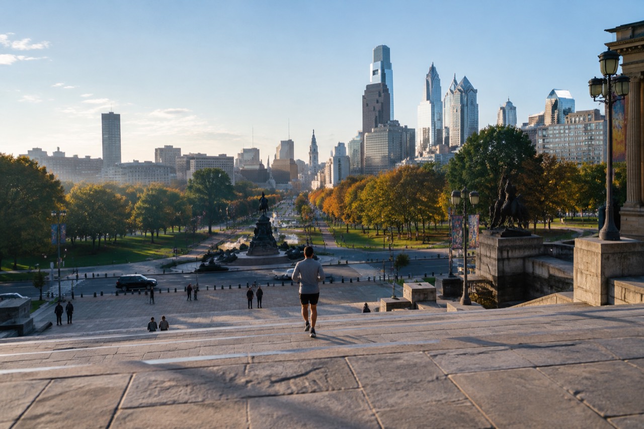 Long stone steps rising to a neoclassical art museum with Philadelphia skyline beyond.