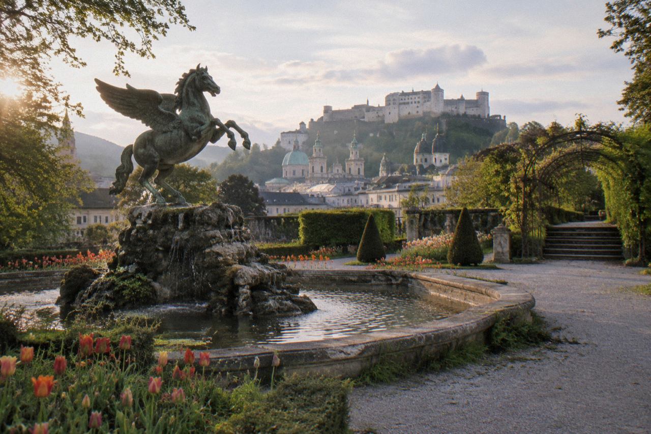Bronze winged horse fountain amid tulip beds in Mirabell Gardens, fortress beyond.