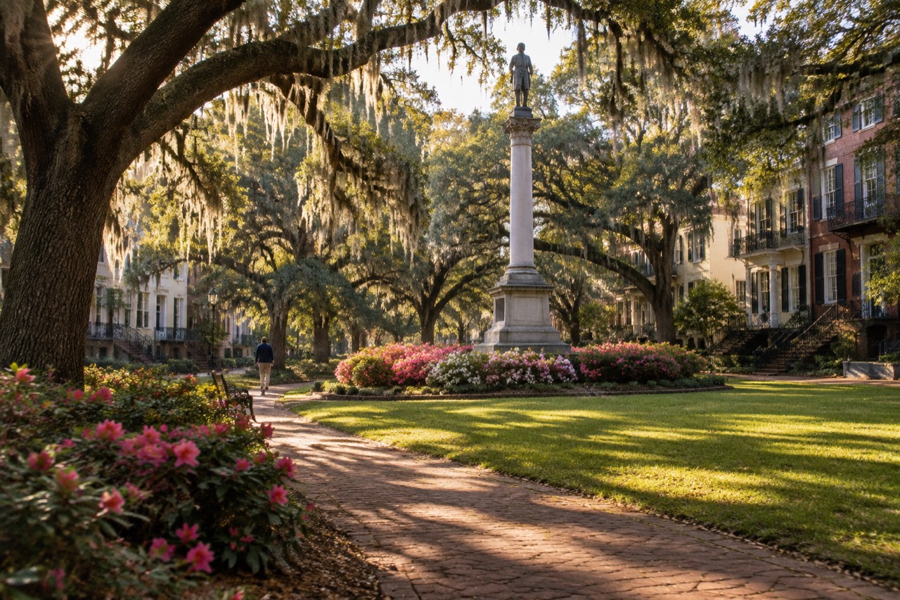 Spanish moss-draped oaks shade a historic Savannah square with monument and brick townhouses.