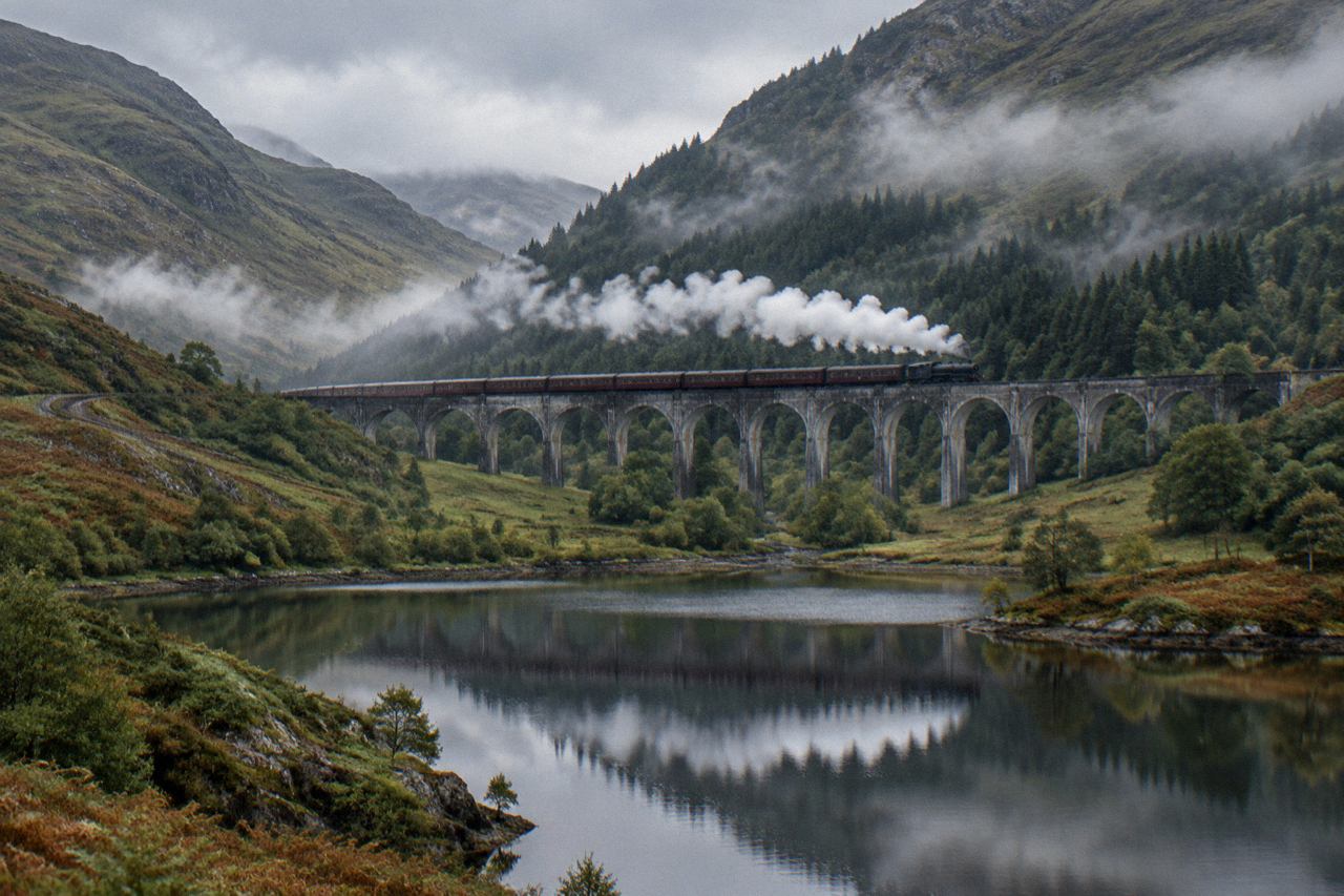 Steam train crossing curved stone viaduct above misty Highland glen and loch