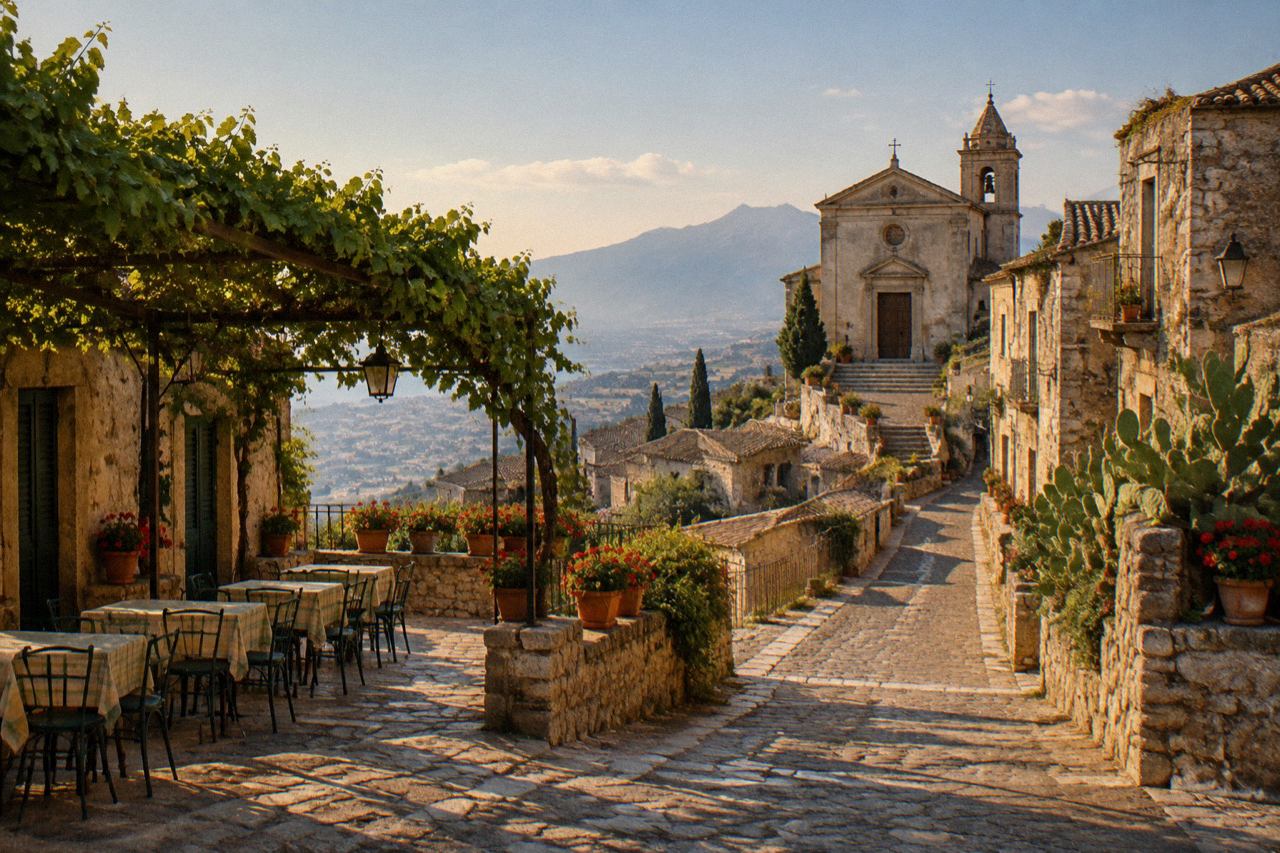 Sunlit stone lane in a hilltop Sicilian village leading to an old church, café terrace nearby.