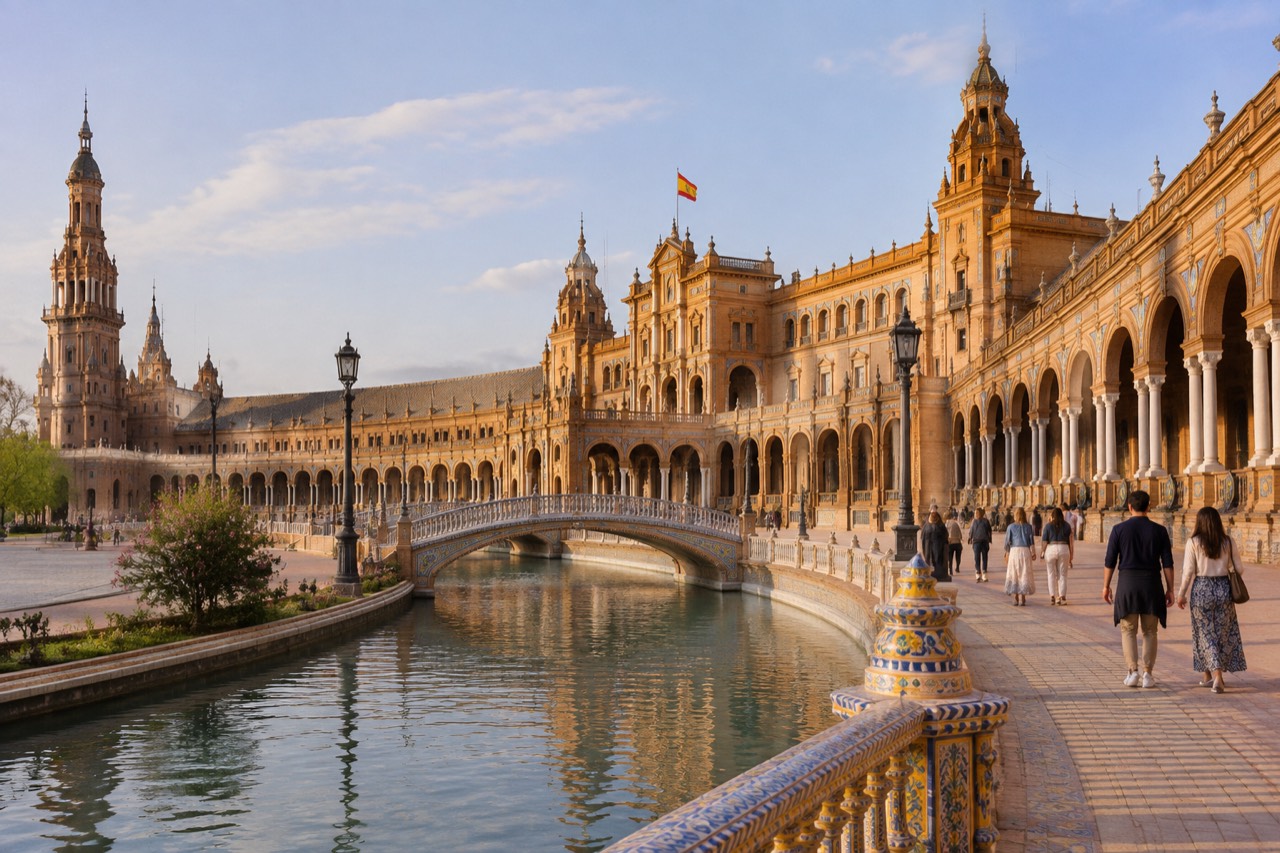 Curved tiled plaza in Seville with arched colonnade, canal, and small bridges.