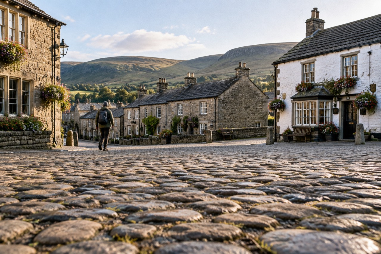 Cobbled market square in a Yorkshire Dales town, stone cottages and corner inn in morning light.