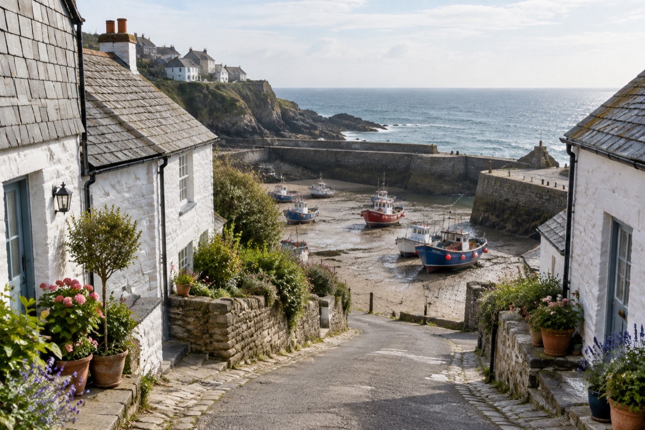 Whitewashed cottages line a steep lane above a small Cornish harbour at low tide, morning light.