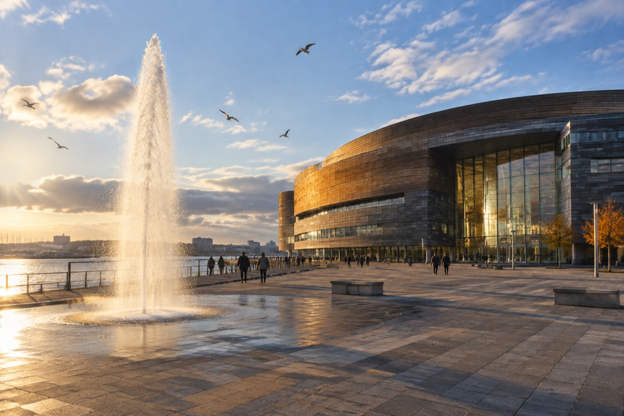 Sunlit stone plaza with slender fountain before a curved slate-and-glass cultural centre, Cardiff Bay.