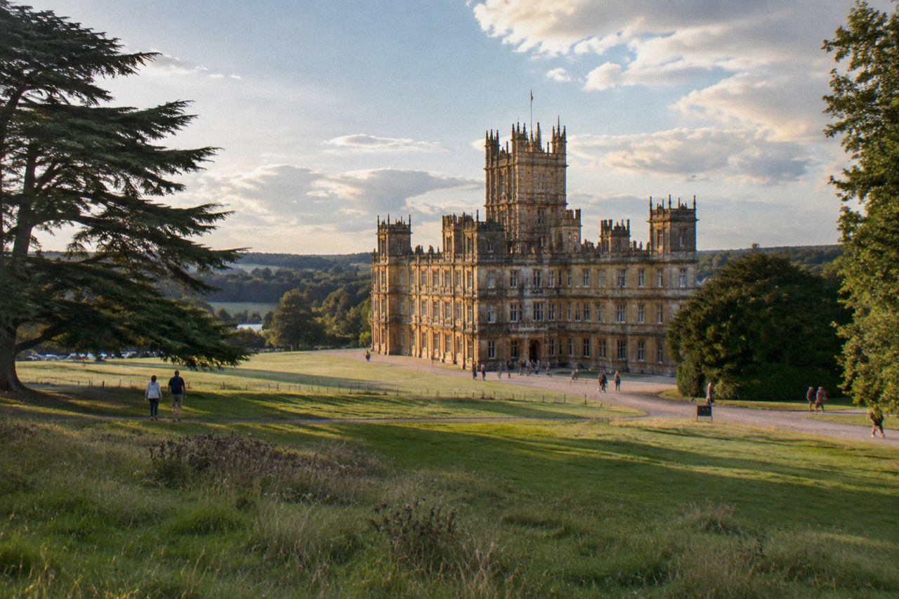 Victorian stone country house with towers above lawns and parkland in afternoon light.