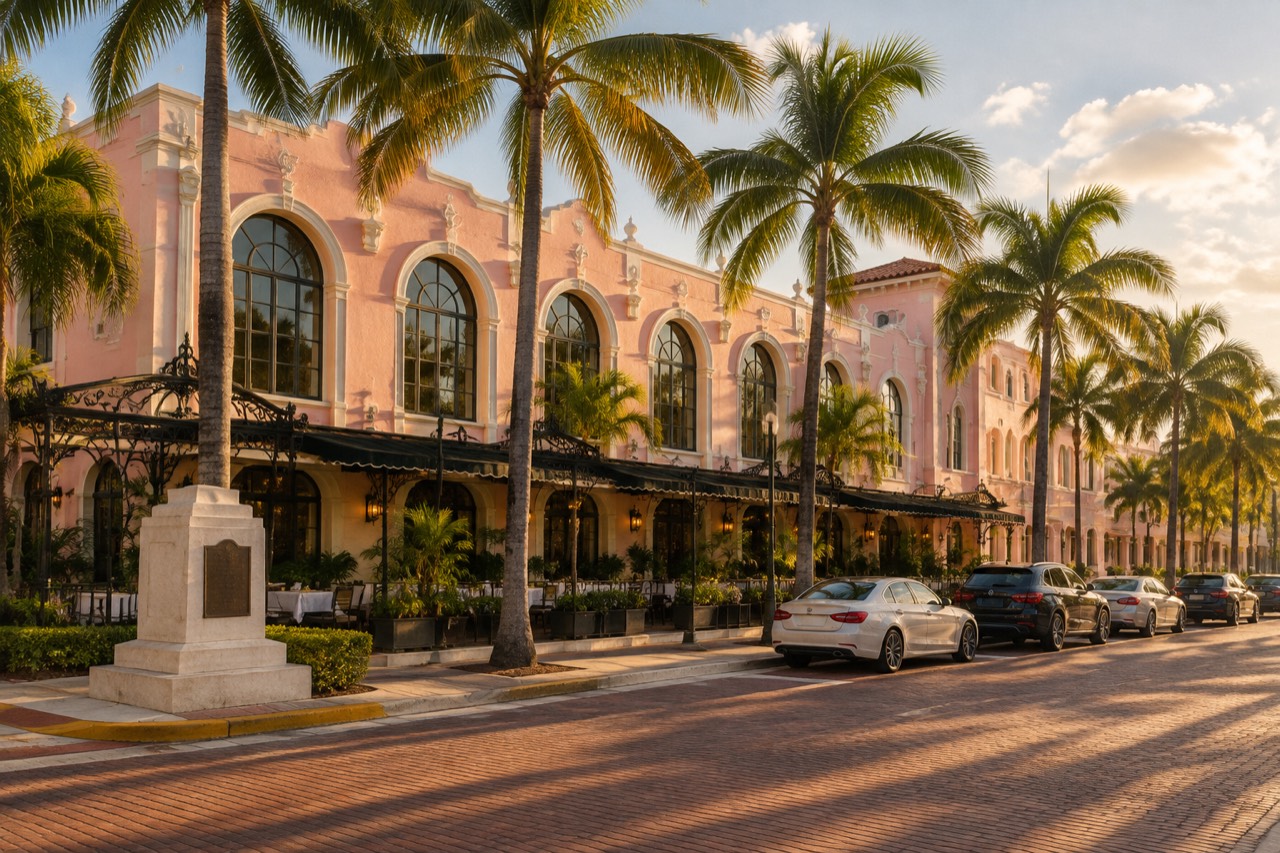 Pastel Miami Modern restaurant façade with palms and wrought-iron awnings on a sunny Little Havana street.
