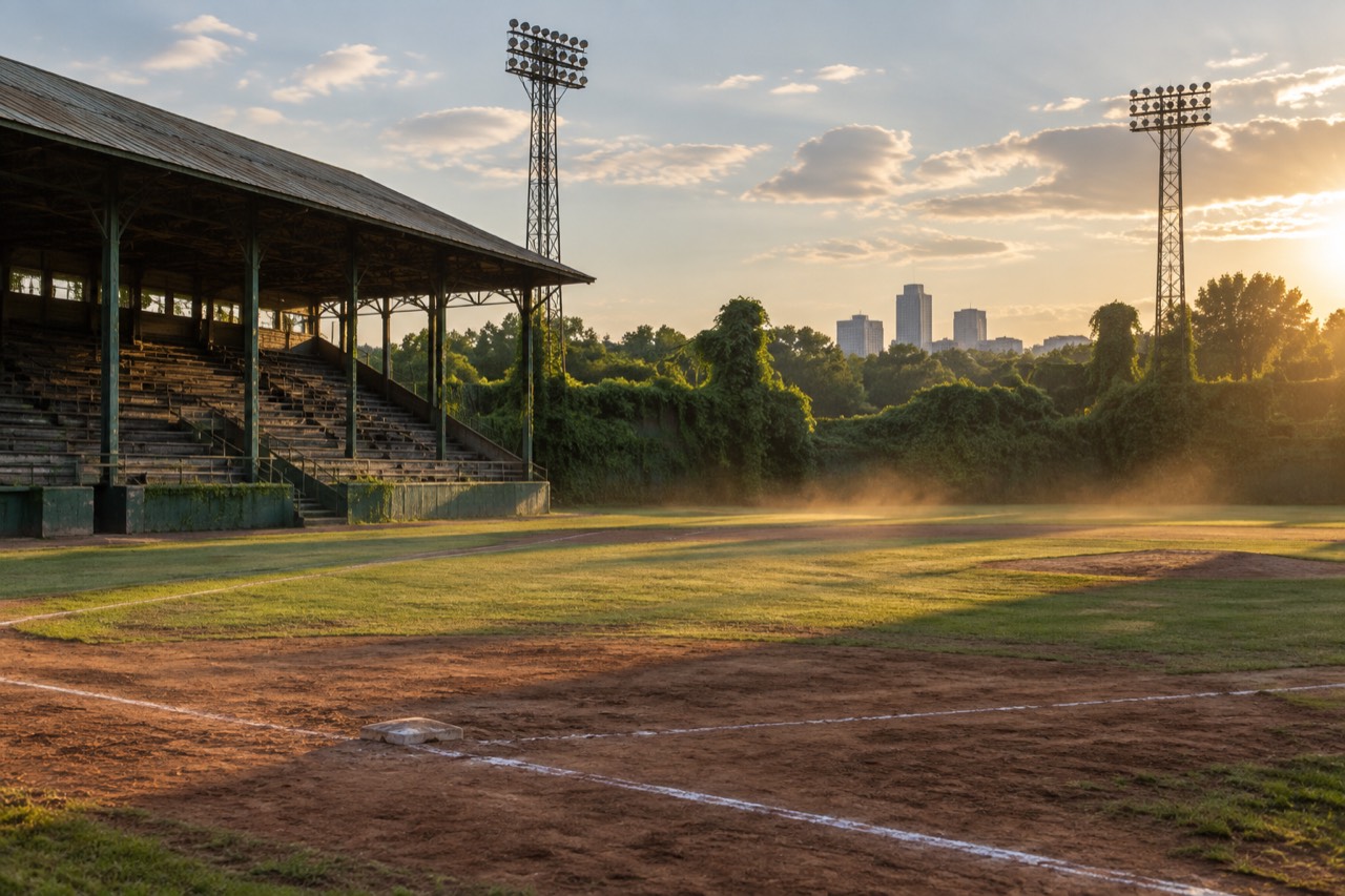 Old wooden grandstand and light towers over the outfield of a historic baseball park