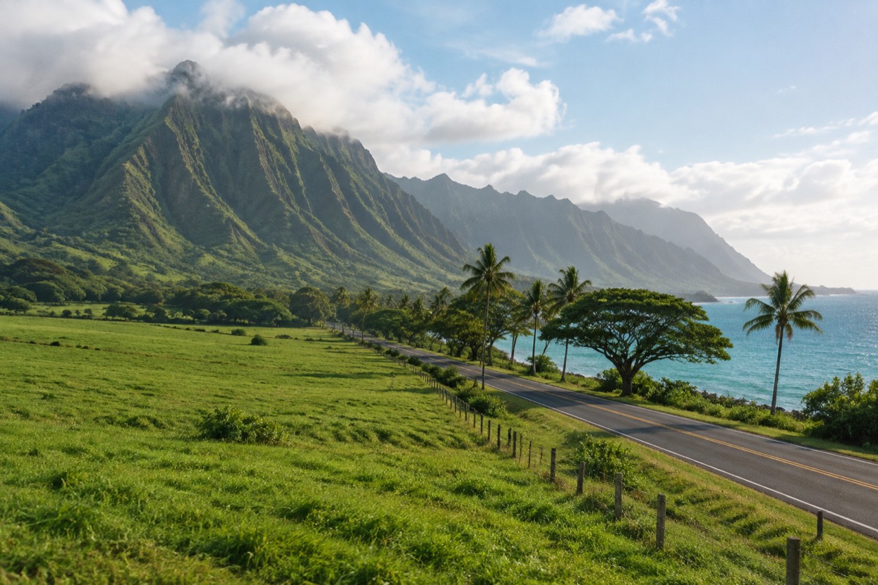 Green pasture beneath misty Ko'olau ridges along a quiet coastal highway, windward Oahu, Hawaii