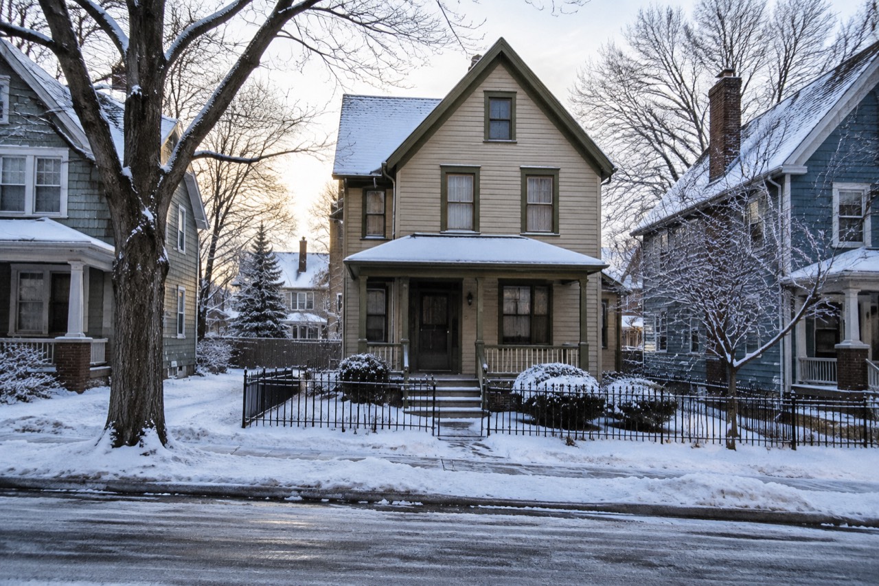 Snow-covered two-story wooden house with front porch on a quiet winter residential street.