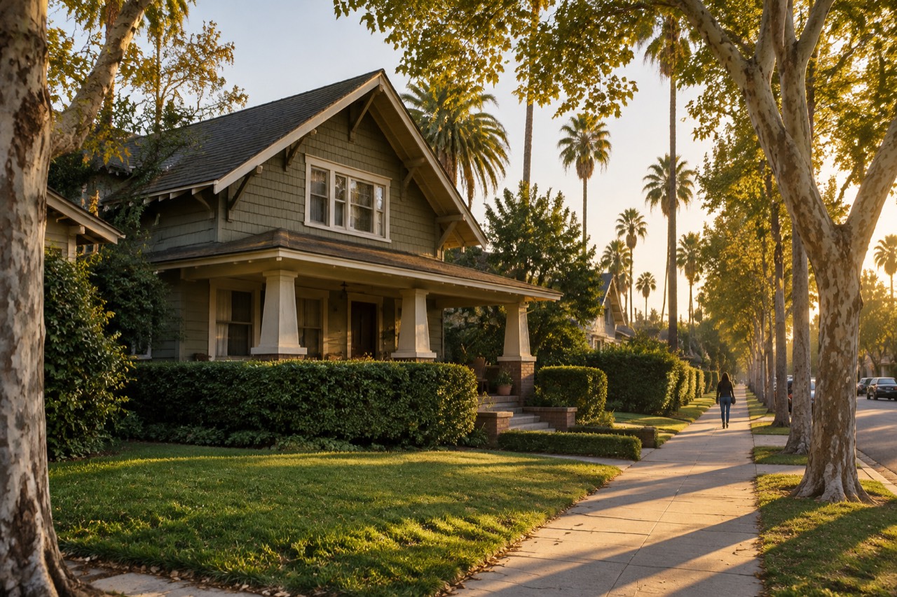 Two-story craftsman house with columned porch on a sunny Hollywood residential street