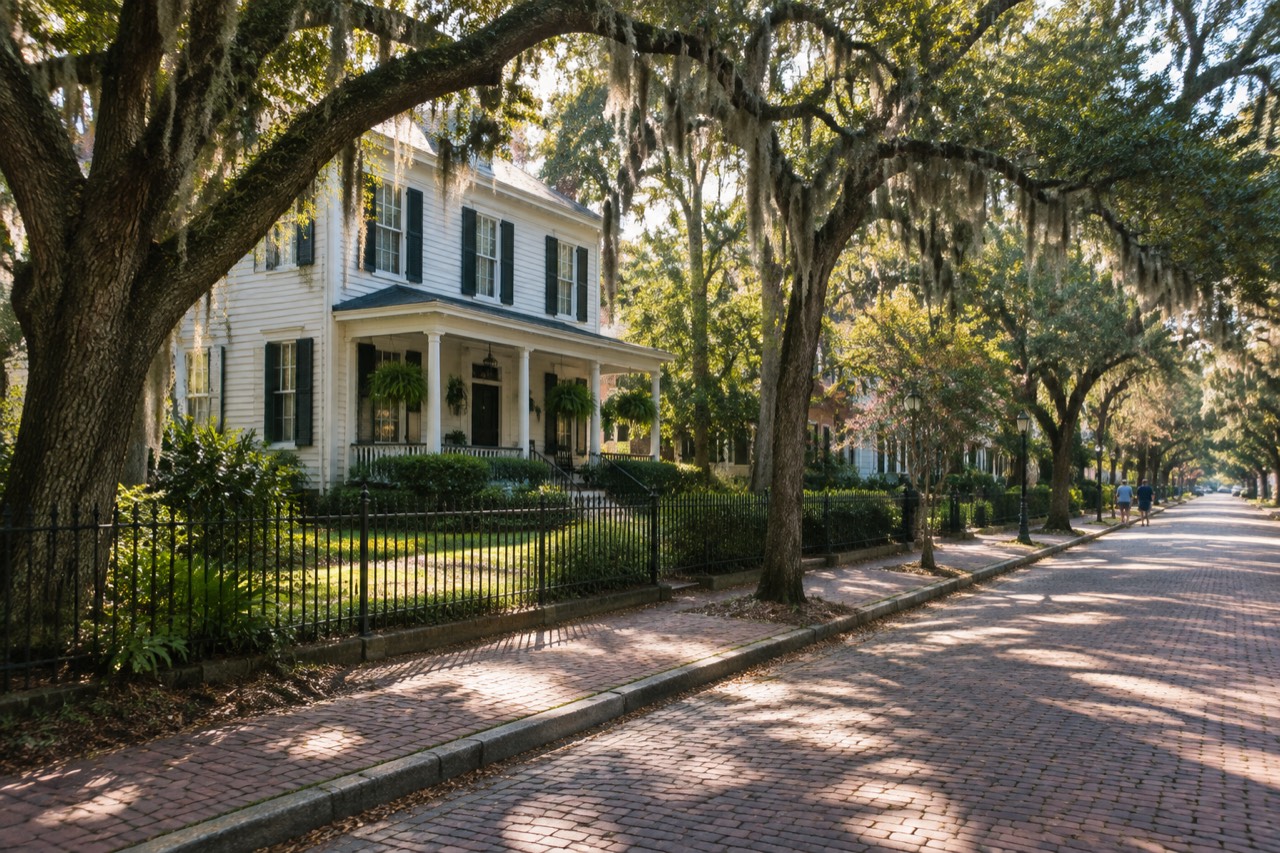 White clapboard house with front porch behind iron fence beneath moss-draped oaks on brick street