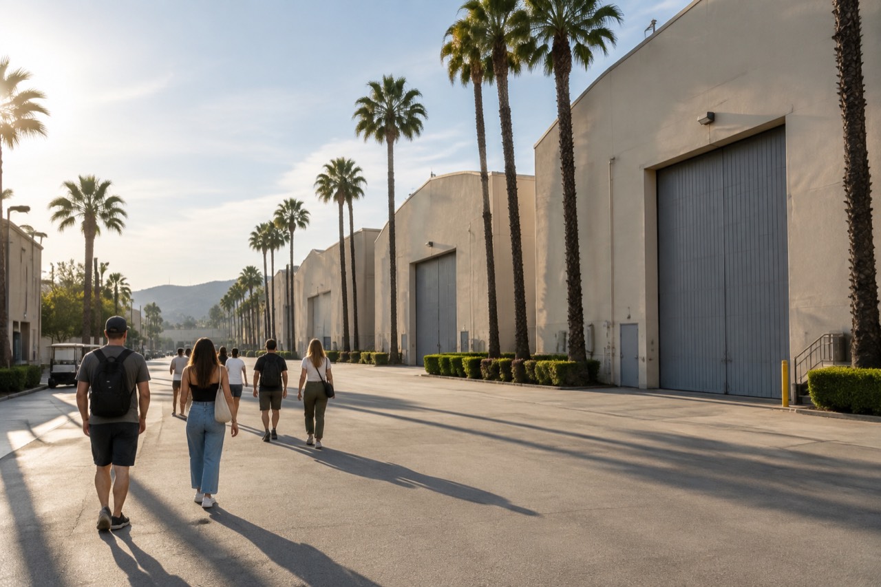 Plain soundstage buildings behind palms at a sunny Burbank studio lot