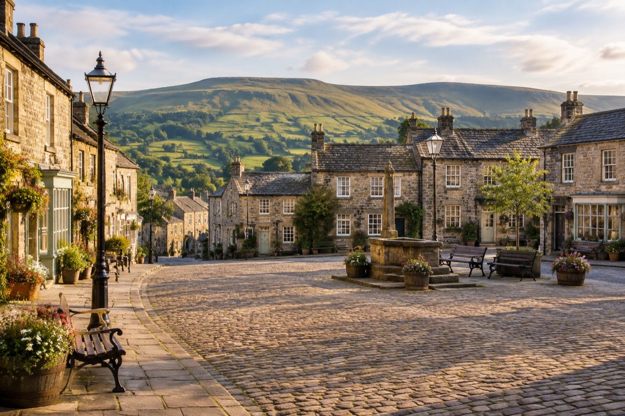 Cobbled market square with stone cottages in the Yorkshire Dales, morning light