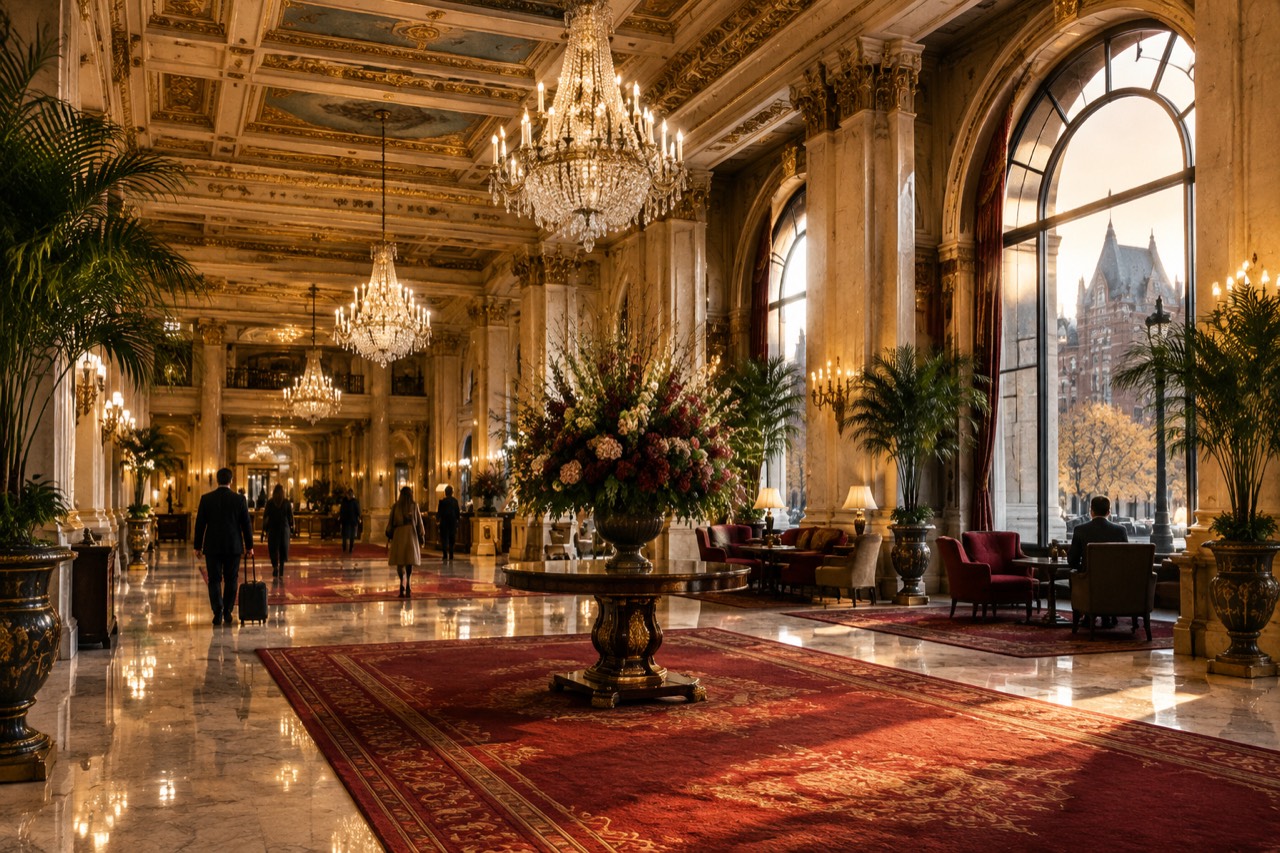 Gilded hotel lobby with chandeliers, marble floors, red carpets and large floral display, Boston.
