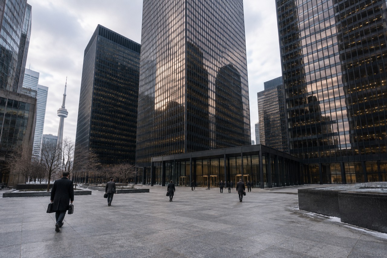 Black glass office towers rising over a granite plaza in downtown Toronto