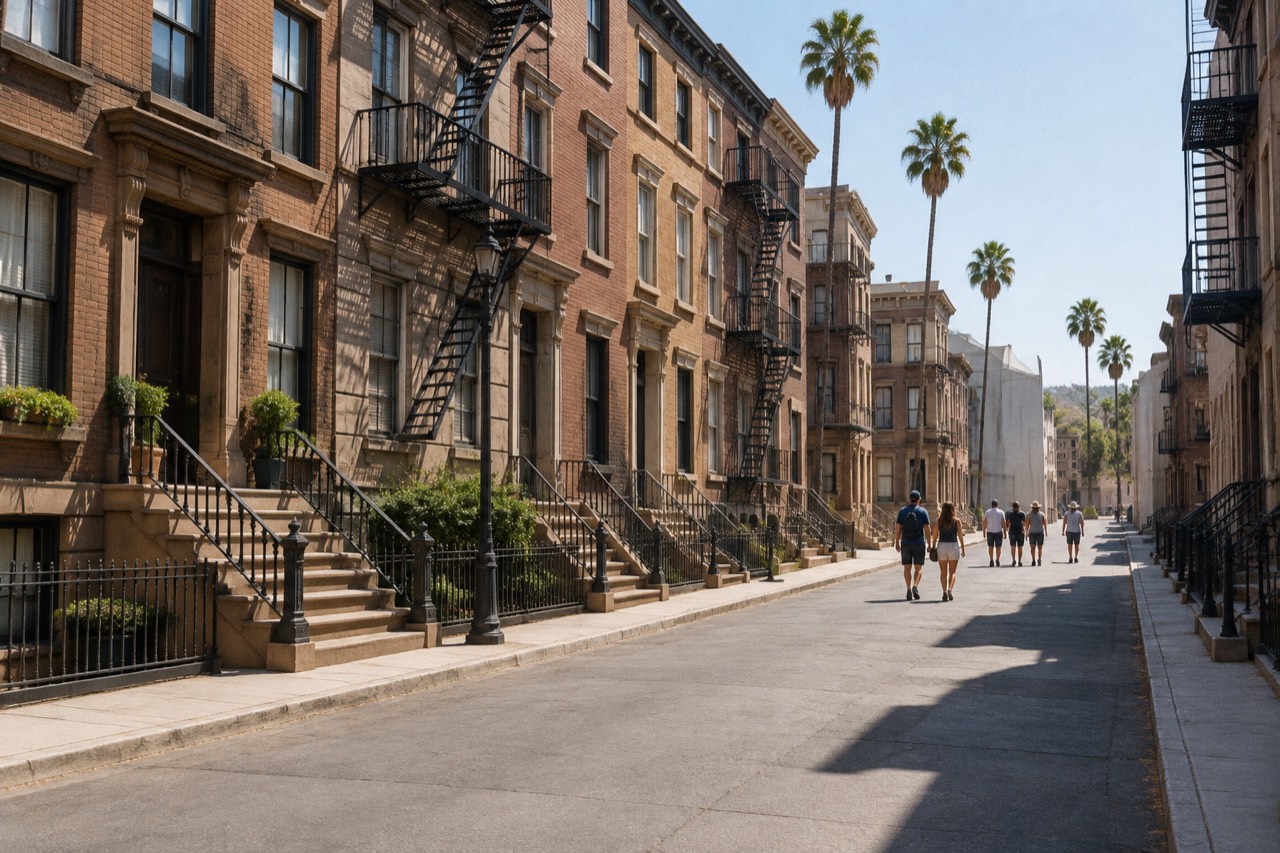 Empty brick brownstone facades with fire escapes line a sunny studio backlot street.