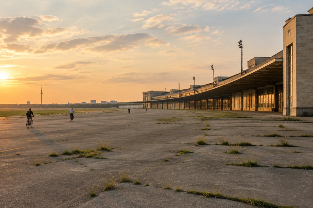 Late afternoon sun over the vast empty tarmac of Tempelhof's curved limestone terminal in Berlin.