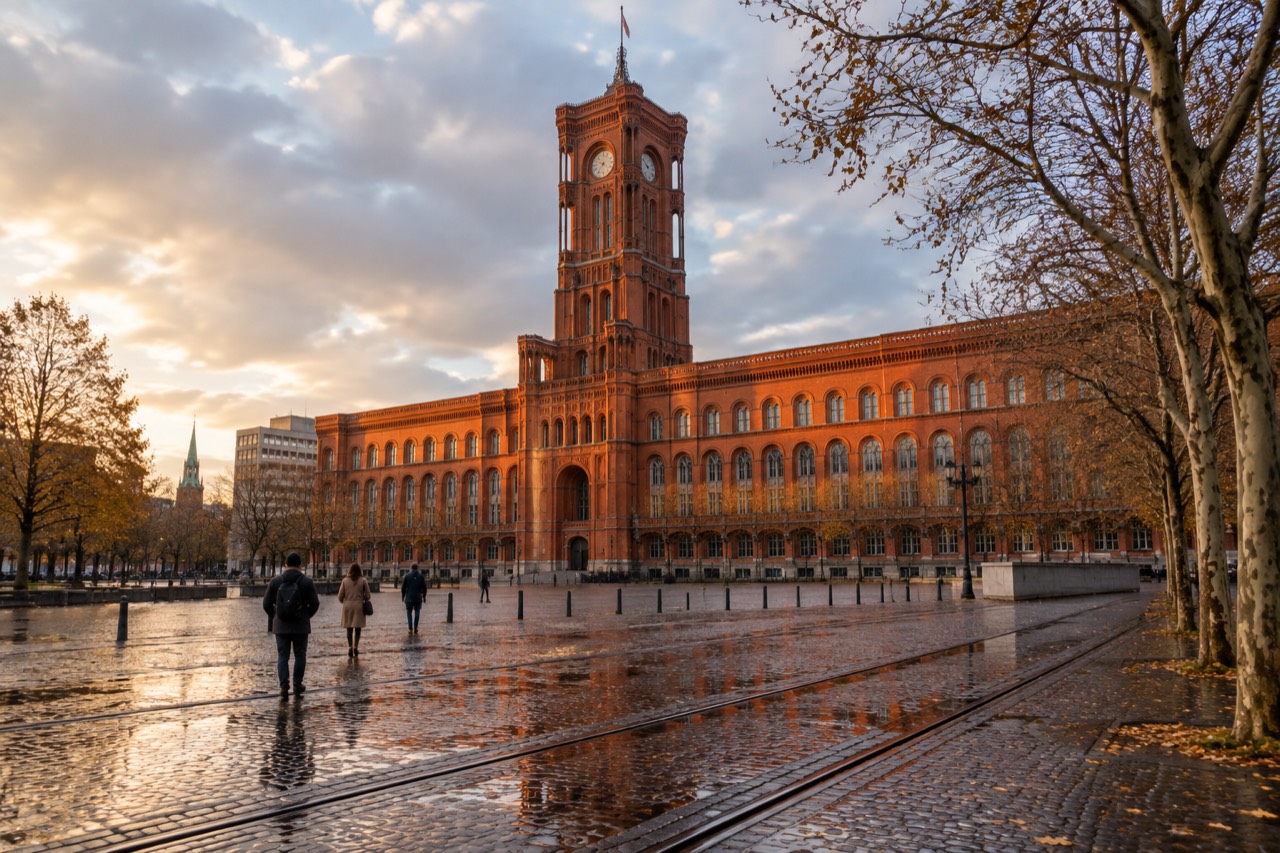 Red-brick city hall with arched windows and tower above a cobbled Berlin square