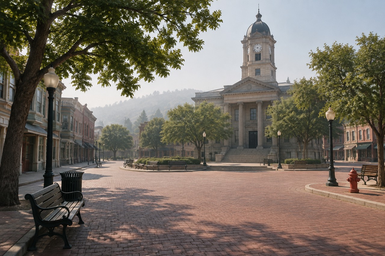 Clock tower courthouse overlooking an empty brick town square on a sunny studio backlot