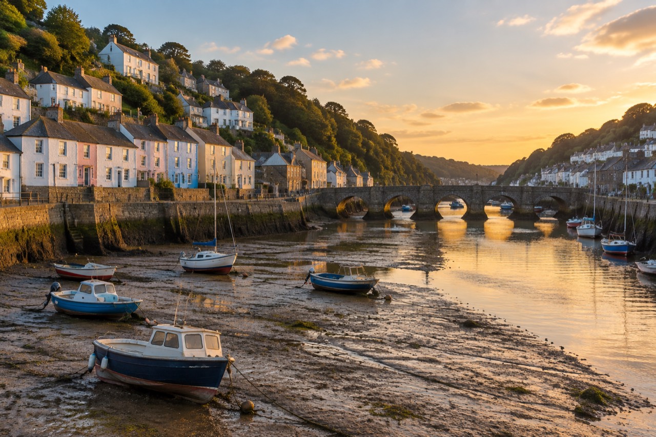 Small boats on estuary mud beside stone quays, pastel houses climbing a hillside, arched bridge.