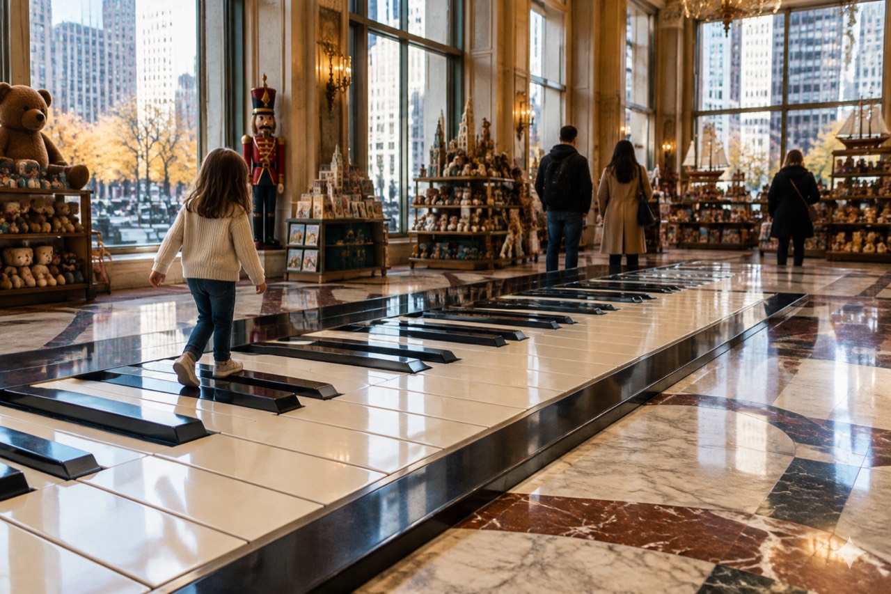 Giant floor piano keys inside a Fifth Avenue toy store, shoppers' feet in sunlight.