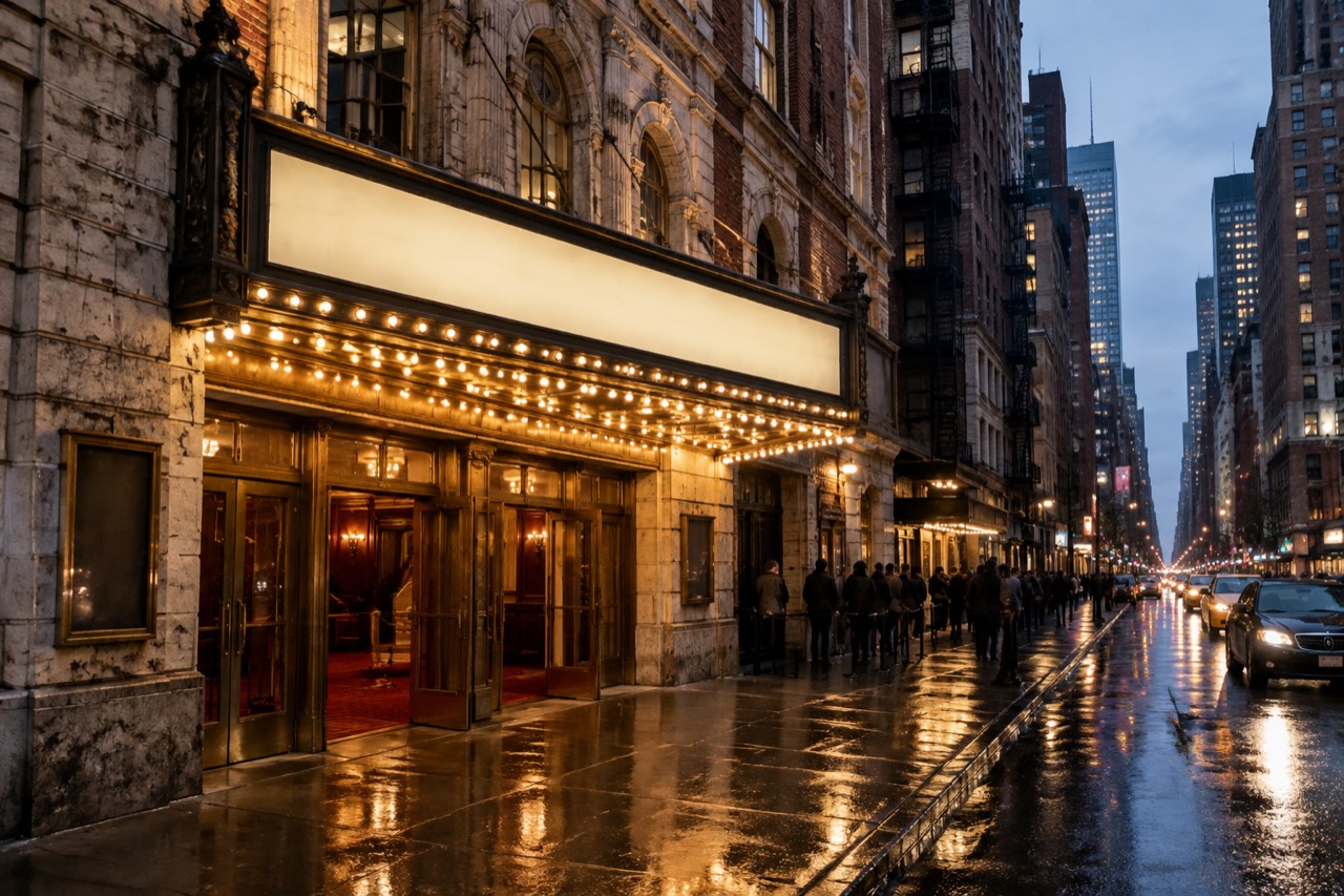 Historic Broadway theatre facade at dusk with glowing marquee on a wet Manhattan street.