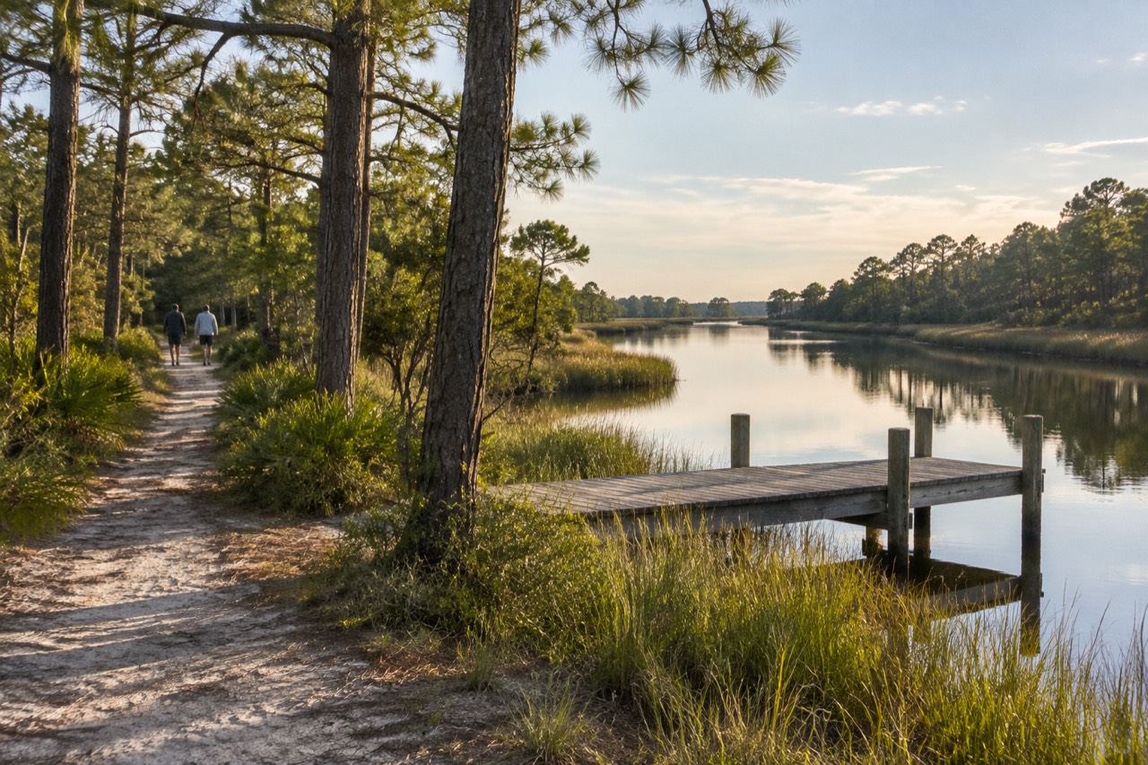 Sandy trail beside a calm tree-lined waterway with wooden dock, Wilmington, North Carolina