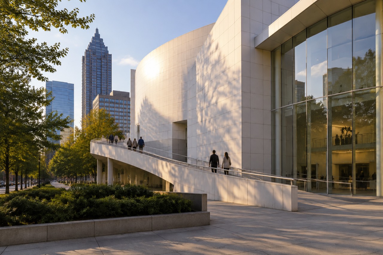 White modernist museum with outdoor ramp and glass lobby in afternoon light