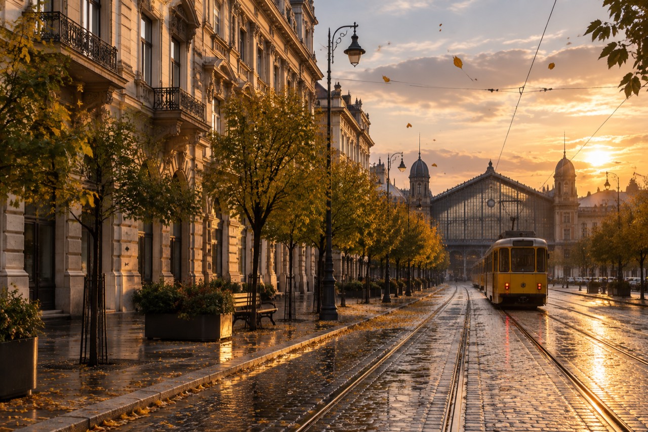 Budapest boulevard at dusk with ornate facades, wet tram tracks and a distant iron-and-glass station.