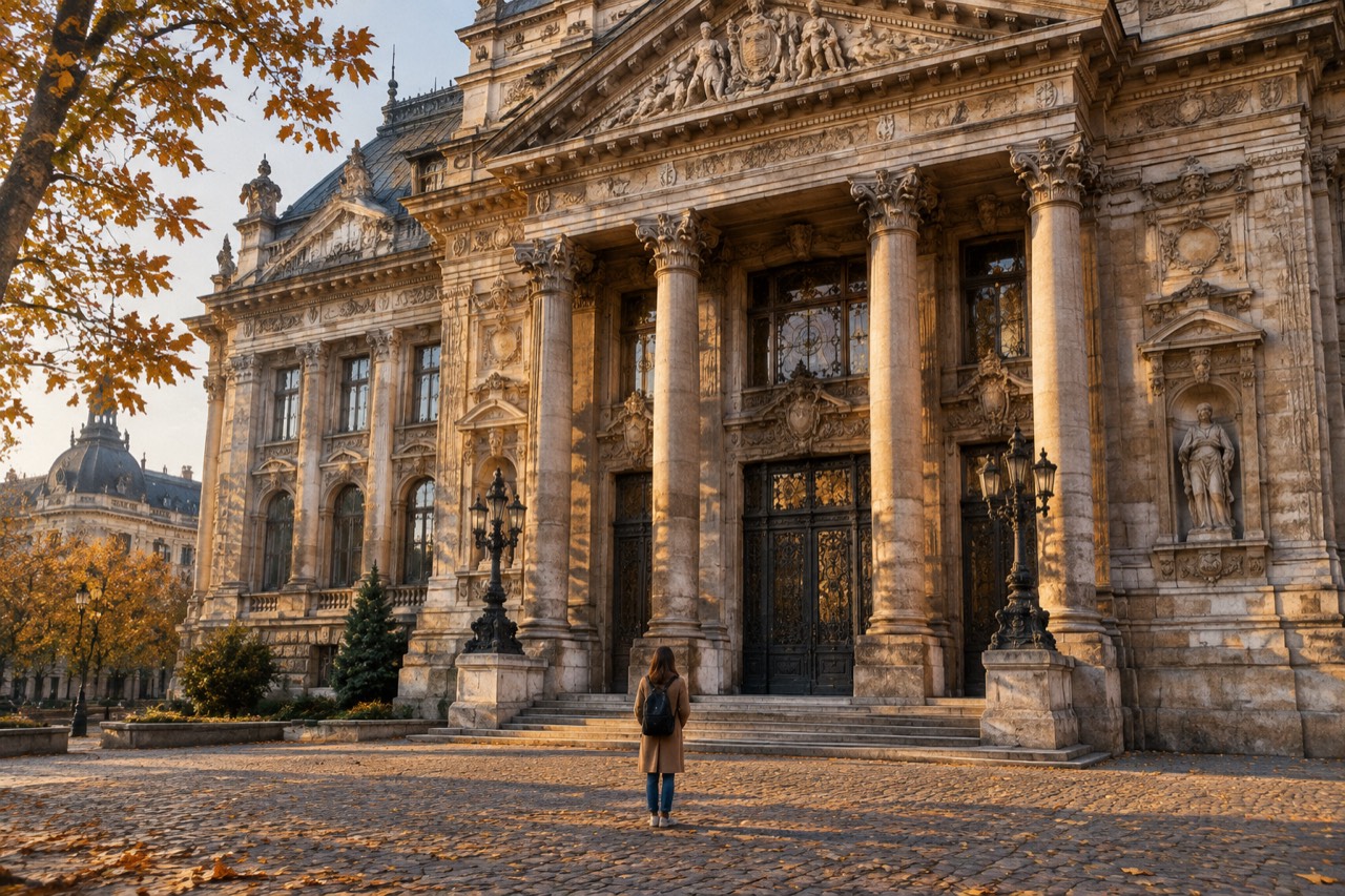 Ornate neoclassical palace facade with tall columns on a leafy Budapest square