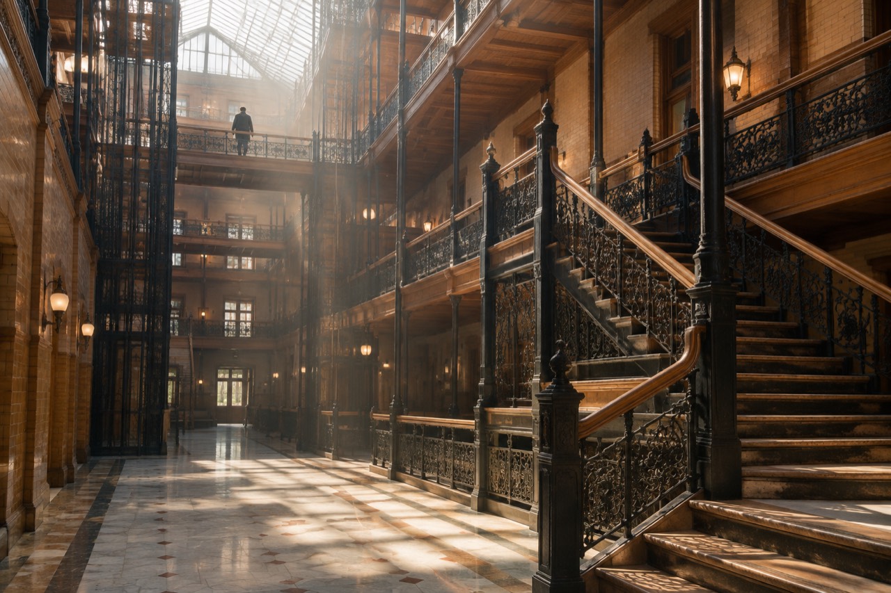 Sunlit atrium of a historic iron-railed office building with wooden staircases in downtown Los Angeles.